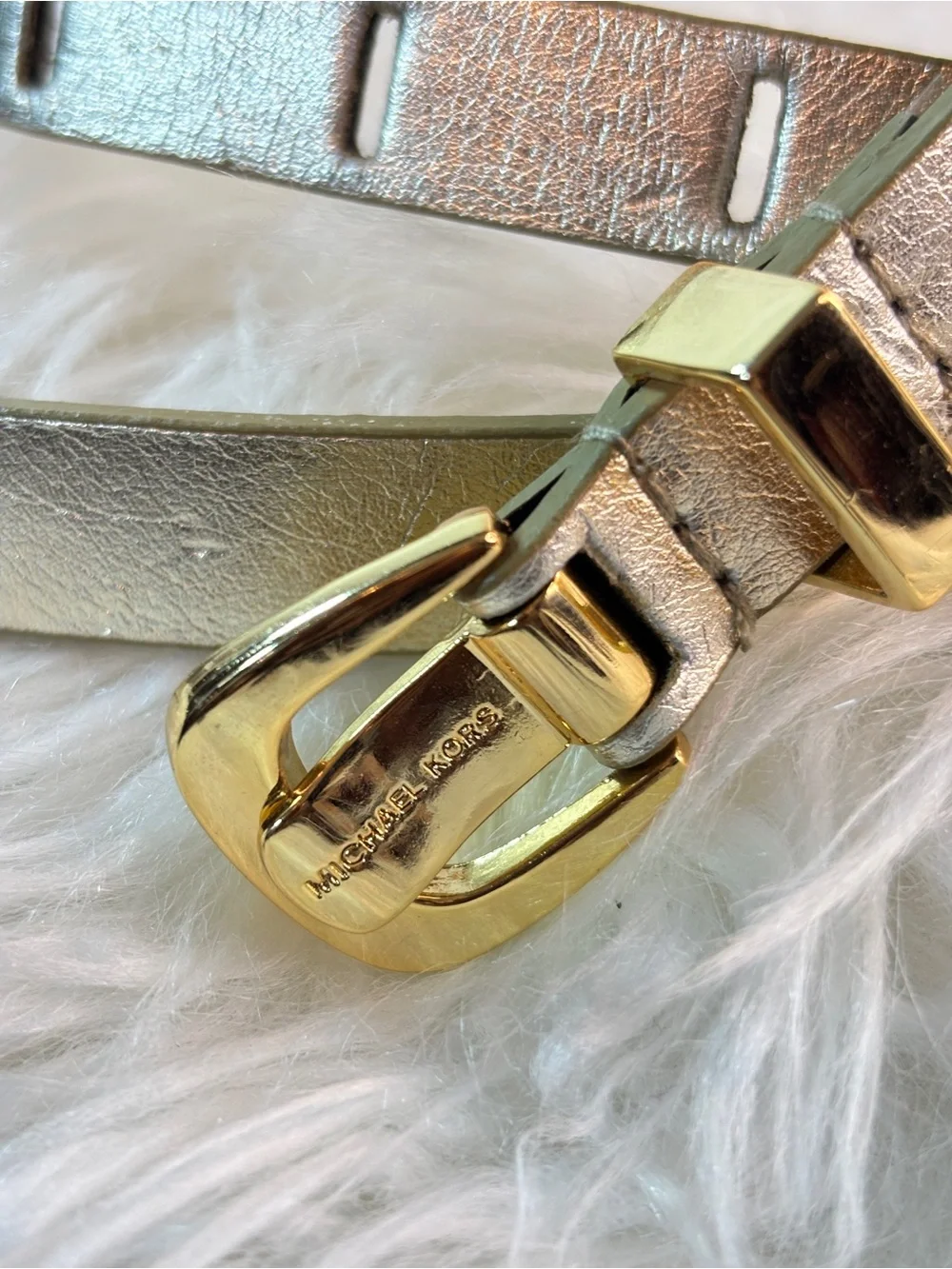 Michael Kors Metallic Gold Slim Leather Belt with Gold Buckle